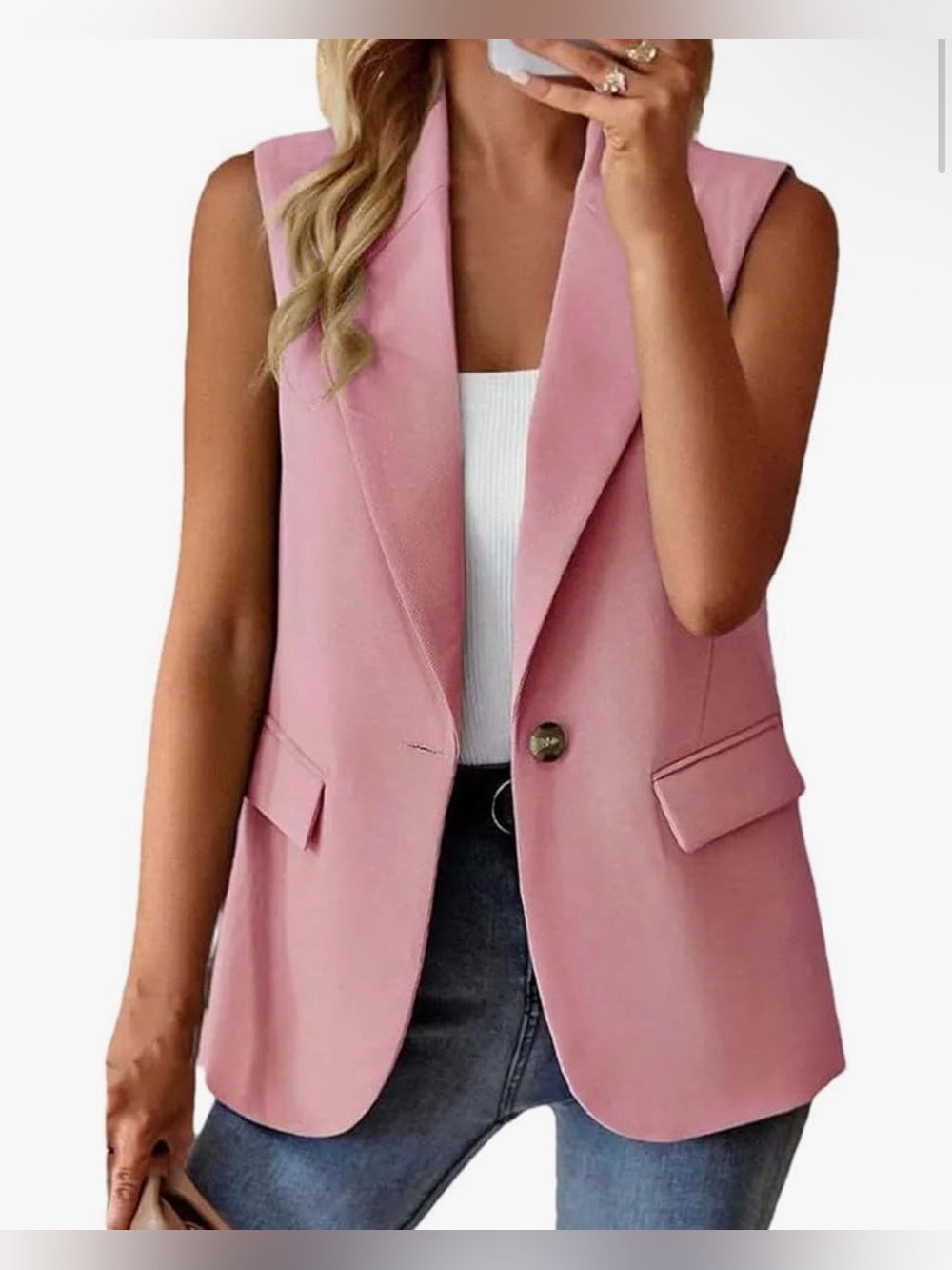 Miss Sparkling Pink Sleeveless Blazer Vest Single Button Tailored Jacket XL